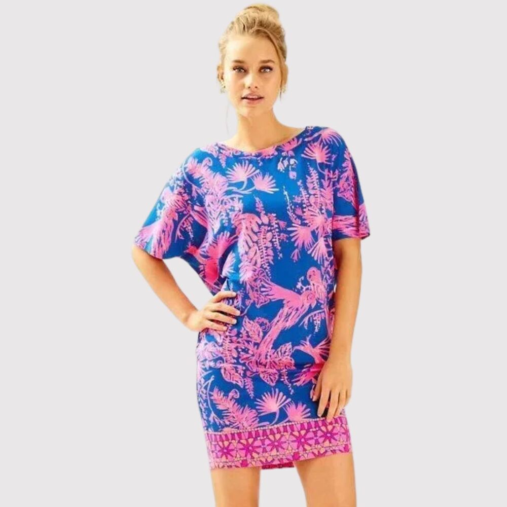 Lilly Pulitzer Women Dress Pink Lowe Mini Dolman Sleeve Floral Sheath Boho Large